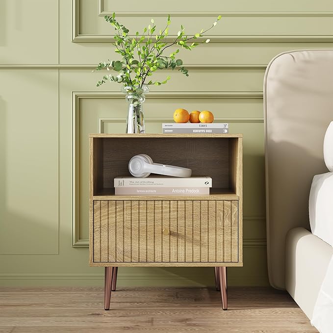 Wood Night Stand Set 2,Modern Bedside Table with Door and Open Storage,Fluted Nightstand and Wood End Side Table with Rose Gold Metal Legs and Handles for Bedroom,Living Room,Natural