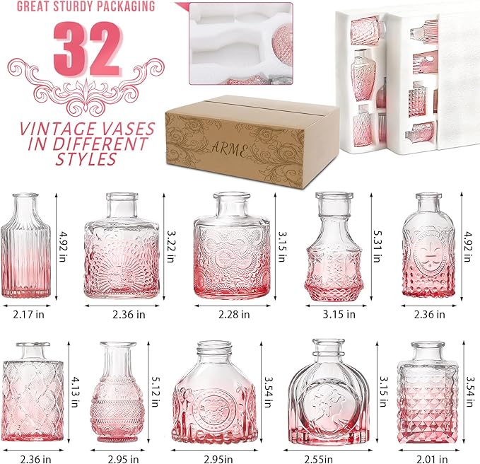 Arme Bud Vase Set of 32, Pink Vases in Bulk Bud Vase for Flower Small Glass Vases for Wedding Centerpieces, Vintage Cute Mini Flower Vase, Home Table Flower Decor