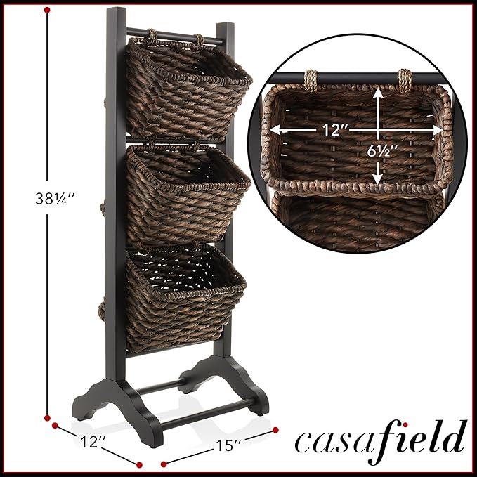 Casafield 3-Tier Floor Stand with Water Hyacinth Storage Baskets, Black/Espresso - Standing Organizer Rack for Bathroom, Kitchen, Laundry, Living Room