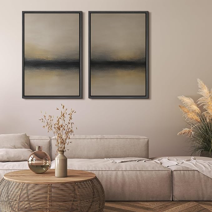 MUDECOR Framed Canvas Print Wall Art Abstract Sunset Horizon Modern Minimalist Beige and Black Illustrations Modern Art Decorative Bohemian Colorful for Living Room, Bedroom, Office - 16"x24"x2 Black