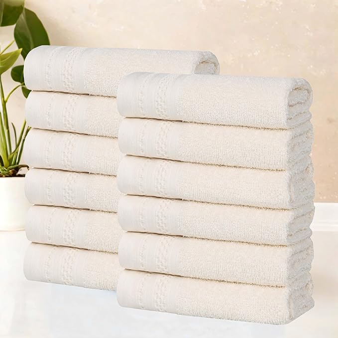 Superior Honeycomb Cotton Medium Weight Towels, for Guest Bath, Master Bathroom, Shower, Quick Dry, Adults, Home Essentials, Textured Waffle Border, Assorted Towel Set, 12 Piece Face Towel Set, Ivory