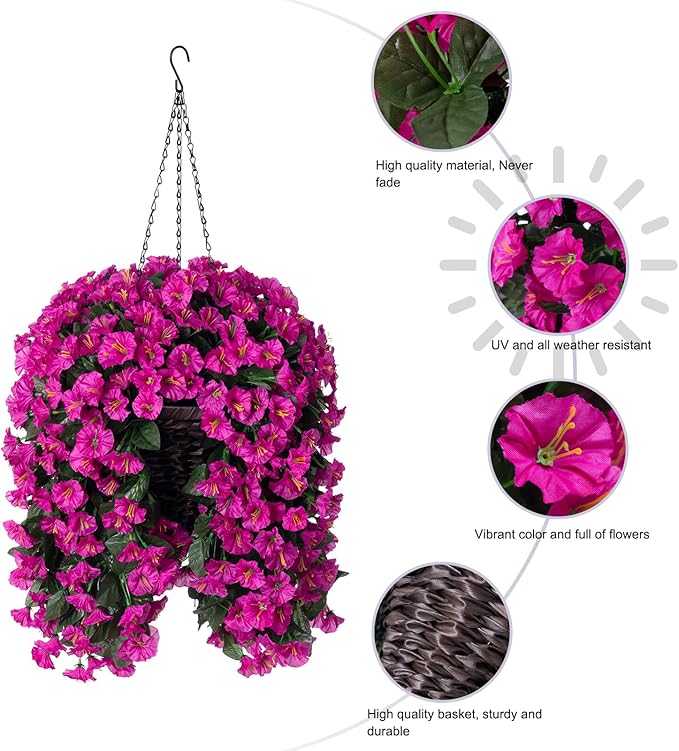 Artificial Fake Hanging Flowers Plants Basket for Outdoor Winter Summer Decoration, Faux Silk UV Resistant Look Real Fuchsia Morning Glory Long Stems in Planter for Outside Porch Patio Balcony Home