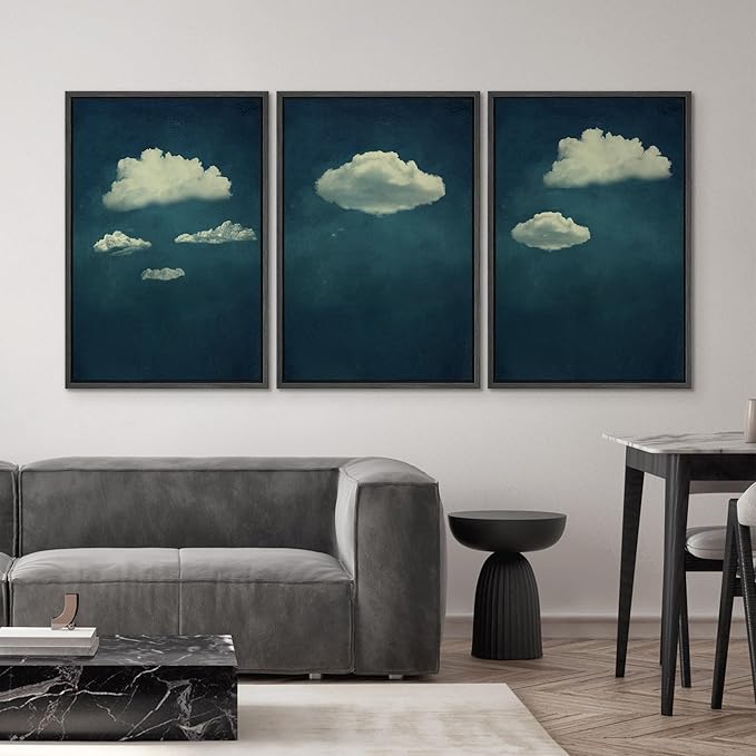 SIGNWIN 3 Piece Framed Canvas Wall Art A Series of White Clouds in The Blue Sky Nature Wilderness Illustrations Abstract Traditional Home Artwork Decoration for Living Room,Bedroom - 16"x24"x3 Black