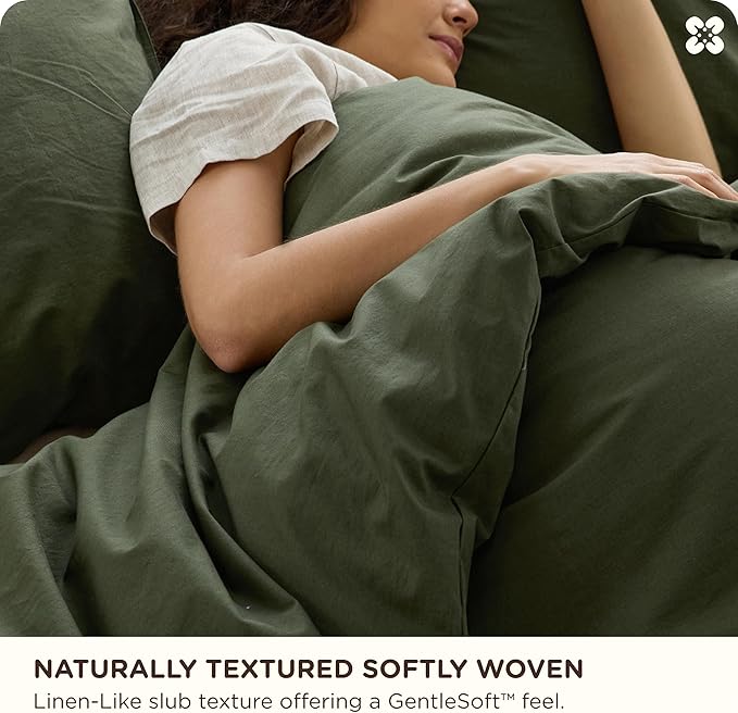 Bedsure Cotton Duvet Cover Queen - Luxury Slub Weave 100% Cotton Duvet Cover Set with a Linen Like Textured, Easy Change Durable Bedding Set 3 Pieces, Olive Green, 90" x 90"