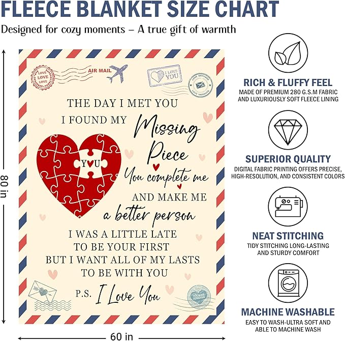 GEEMBI Gifts for Him Her Husband Wife - Missing Piece Soft Fleece Throw Blankets 60x80 in - Anniversary Birthday Gifts for Men Women Boyfriend Girlfriend Couple