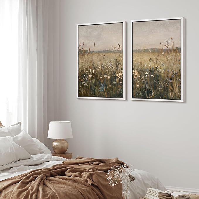 MUDECOR Framed Canvas Print Wall Art Set Golden Meadow Wildflowers Rustic Floral Field Landscape Illustrations Modern Art Decorative Bohemian Zen for Living Room, Bedroom, Office - 16"x24"x2 White