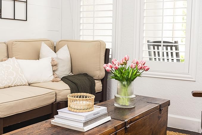 Pink Tulips with Vase Ribbed Glass Vase with 20 Realistic Artificial Flowers Gift Set. Fluted Clear Flower Vase and Fake Tulips Entryway Living Room Table Office Shelf Decor Faux Spring Decor