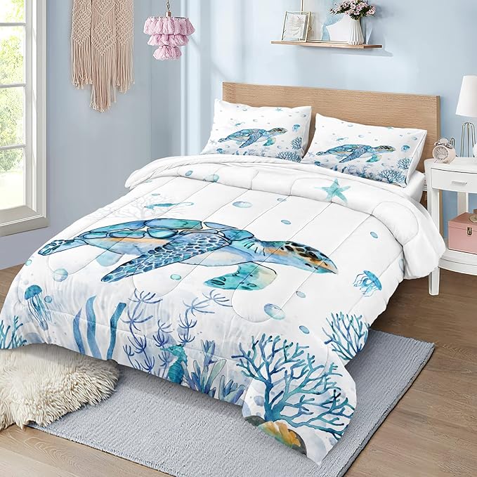 Sea Turtle Comforter Ocean Beach Bedding Twin Size Set Teal Blue Turtle Sea Horse Starfish Ocean Theme Printed Coastal Comforter Set for All Season