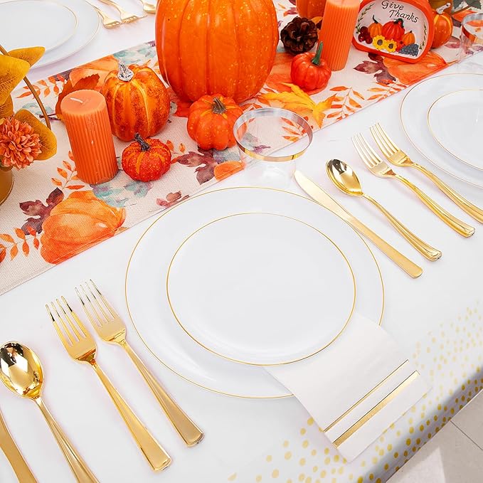 Festiva 176Pcs White and Gold Plastic Plates - White with Gold Rim Dinnerware Set - 25Guest include Plates Cups Cutlery Napkins forThanksgiving Party&Wedding& New Year