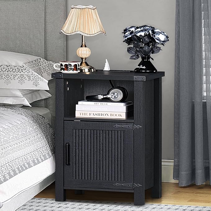 Night Stand Set of 2, 18 Inch Farmhouse Nightstand with with Charging Station and USB Port, Rustic Couch End Table with Magnetic Door, Wood Bed Side Tables for Bedroom, Home, Black