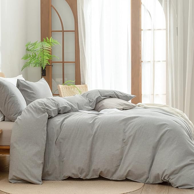 BESTOUCH Duvet Cover Set 100% Washed Cotton Linen Feel Super Soft Comfortable Chic Lightweight 3 PCs Home Bedding Set Solid Light Grey Cal King