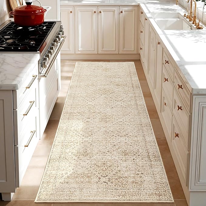 MIULEE 2x6 Washable Hallway Runner Rug, Vintage Long Rug for Hallway Kitchen Bedroom Laundry Room Bathroom Rug, Non-Slip Stain Resistant Soft Throw Carpet Floor Mat, Neutral Beige