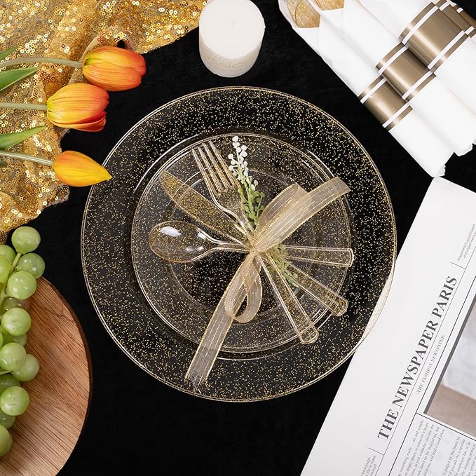 DaYammi 210PCS Gold Glitter Plastic Dinnerware Set for 30 Guests, Fancy Disposable Plates for Party, Include: 30 Dinner Plates, 30 Dessert Plates, 30 Pre Rolled Napkins with Gold Silverware, 30 Cups