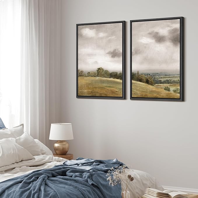 MUDECOR Framed Canvas Print Wall Art Gentle Hills and Distant Storm Tranquil Pastoral Nature Wilderness Illustrations Realism Decorative Scenic for Living Room, Bedroom, Office - 16"x24"x2 Black