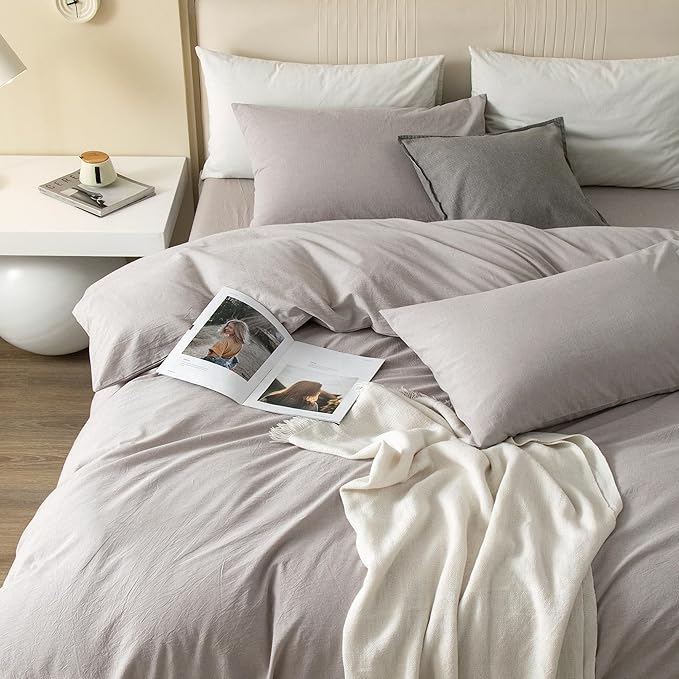 JIYUAN 100% Washed Cotton Duvet Cover Set 2 Pieces Twin, 1 Duvet Cover 68x90 Inches(Comforter Not Included) and 1 Pillowcases,Linen Feel Bedding Set Comfy and Breathable, Heathered Linen