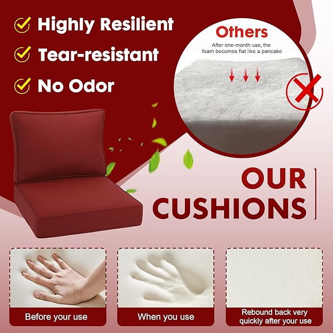 Outdoor Deep Seating Cushion Set, 24" x 24", Waterproof & Fade Resistant Patio Furniture Cushions with Handle, Deep Seat and Back Cushion for Chair and Sofa (3, Red)
