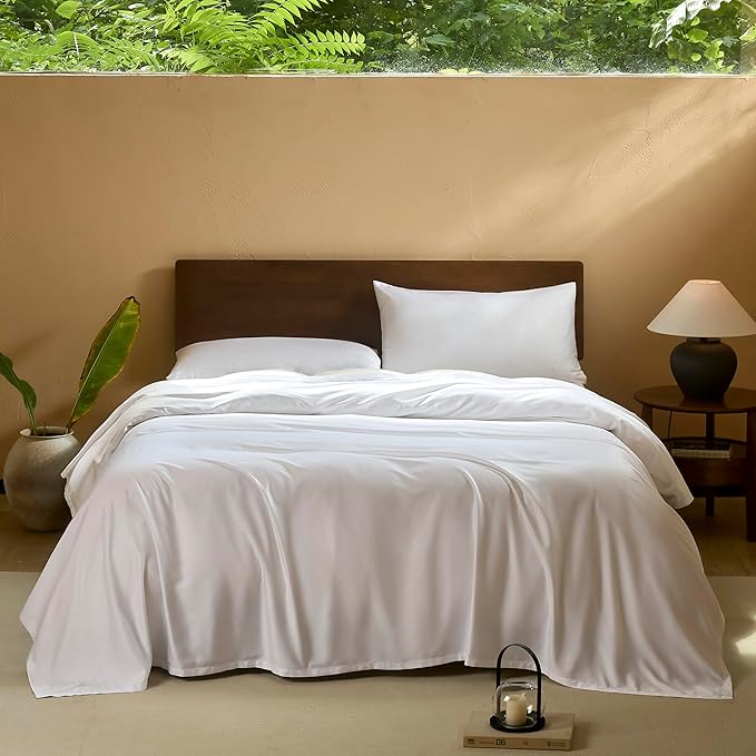 EVERLY Queen Sheets Set,Luxuriously 400 Thread Count Organic Viscose Derived from Bamboo Bed Sheet,Cooling Sheets for Queen Size 4 Piece Deep Pockets Bedding Sheets &Pillowcases-White