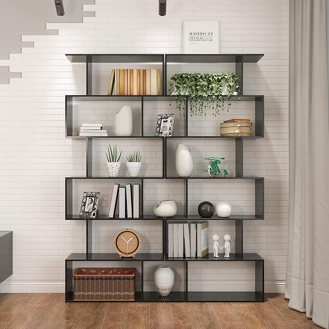 Yusong Bookshelf 6-Tier, Geometric Bookcase S Shaped Book Shelves for Bedroom, Modern Wood Decorative Display Shelf Tall Book Case for Home Office, Black