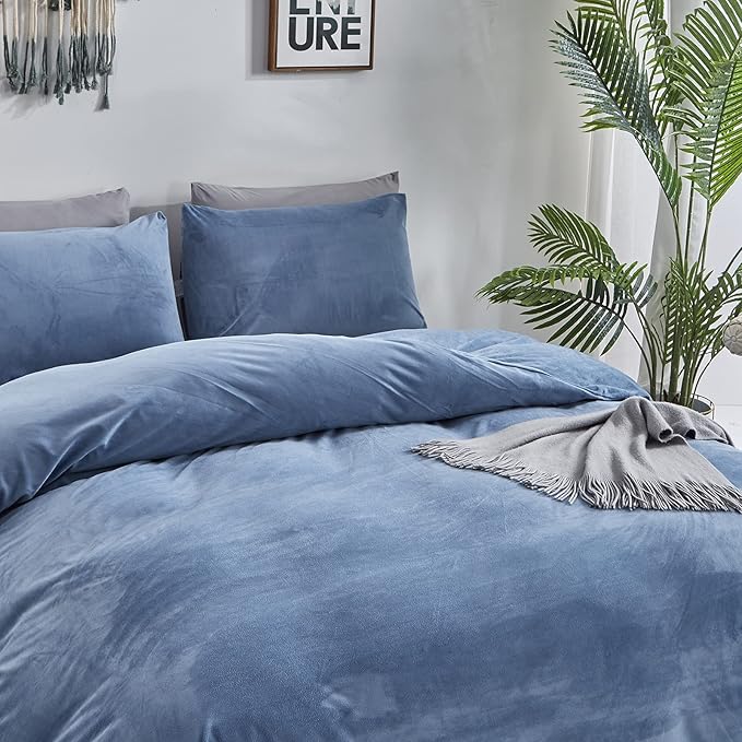 Pureant Blue Velvet Comforter Sets Full Women Men Solid Lake Fluffy Bedding Comforters Cotton Modern Plain Haze Flannel Quilts Warm Winter Micromink Sherpa Blankets, Full(80''*90''-Comforter)