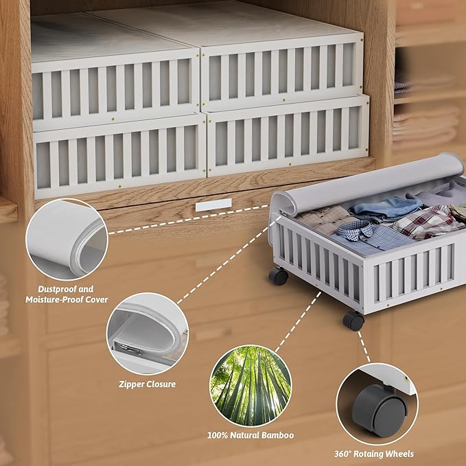 Bamboo Under Bed Storage Containers with Wheels, Rolling Under the Bed Shoe Storage Bins, Wood Stackable Underbed Drawers with Bag Organizer for Bedroom Closet Clothing Sweater Under Crib Toy White