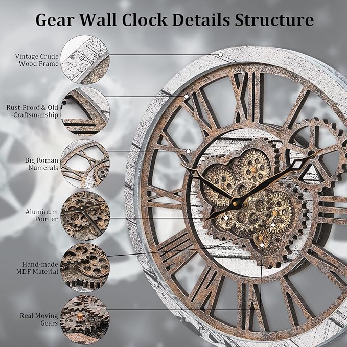 Large 20 Inch Farmhouse Vintage Rustic Moving Gears Oversized Roman Wall Clock for Living Room, Bedroom, Kitchen, Office Decor