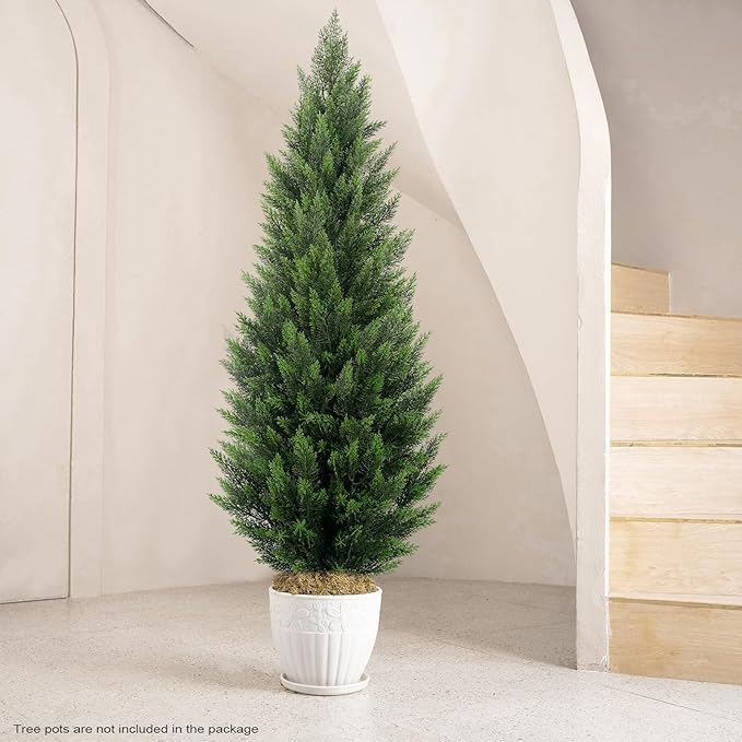 Artificial Topiary Cedar Trees 5FT Tall 2 Set, Outdoor Indoor Faux Pine Shrubs Plants, Realistic Fake Plants Front Porch Decor, Artificial Bushes Cypress for Home Front Door Offices