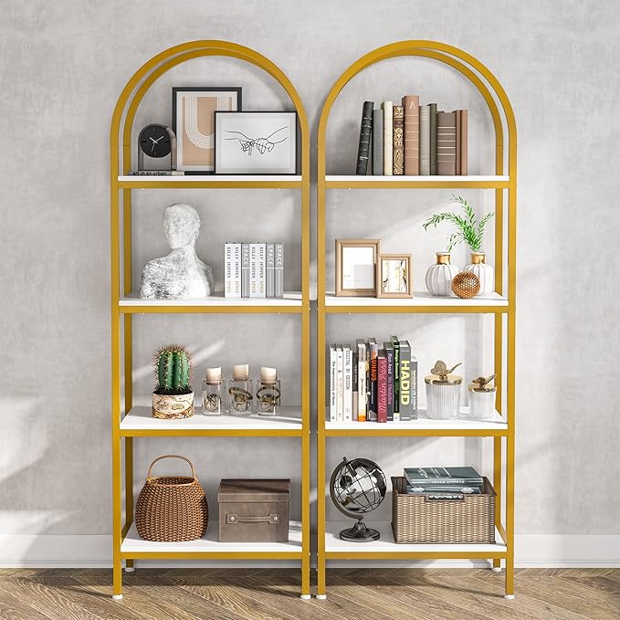 Tribesigns 4-Tier Open Bookshelf Set of 2, 70.8" Modern Wood Bookcase Storage Shelves with Metal Frame, Freestanding Display Rack Tall Shelving Unit for Bedroom, Living Room (White and Gold, 2PCS)