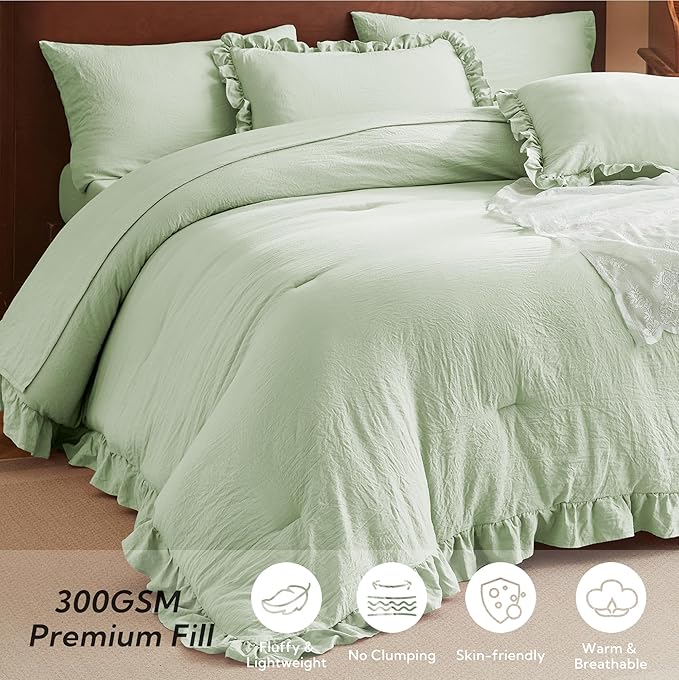 MR&HM Light Green Ruffle Comforter Set, Twin Comforter Sets for College Dorm,Boho Bed in a Bag Set 5 Pieces with 1 Comforter,1 Flat Sheet, 1 Fitted Sheet,1 Pillowcases & 1 Pillow Shams