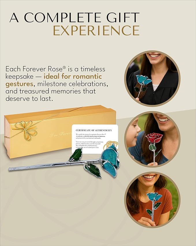 Forever Rose Real Serenity Sparkle Rose with Glittery Teal Platinum Trimmed Petals and Platinum Stem, Handcrafted Preserved Rose in Gold Gift Box, Romantic Gift for Her, Elegant Gift for Any Occasion