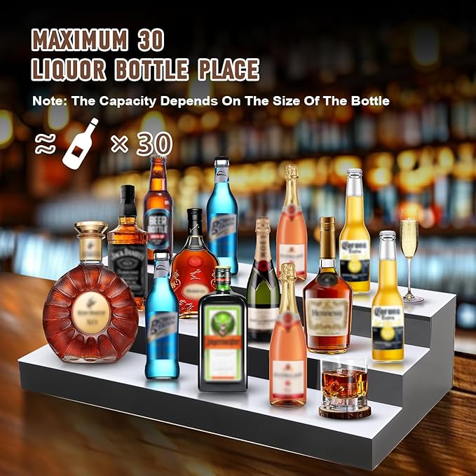 FAHKNS LED Lighted Liquor Bottle Display, 3 Tiers 40 Inch LED Liquor Shelves with RF Remote, Liquor Bottle Accessories Shelf for Home Bar, 16 Static Colors 4 Dynamic Mode