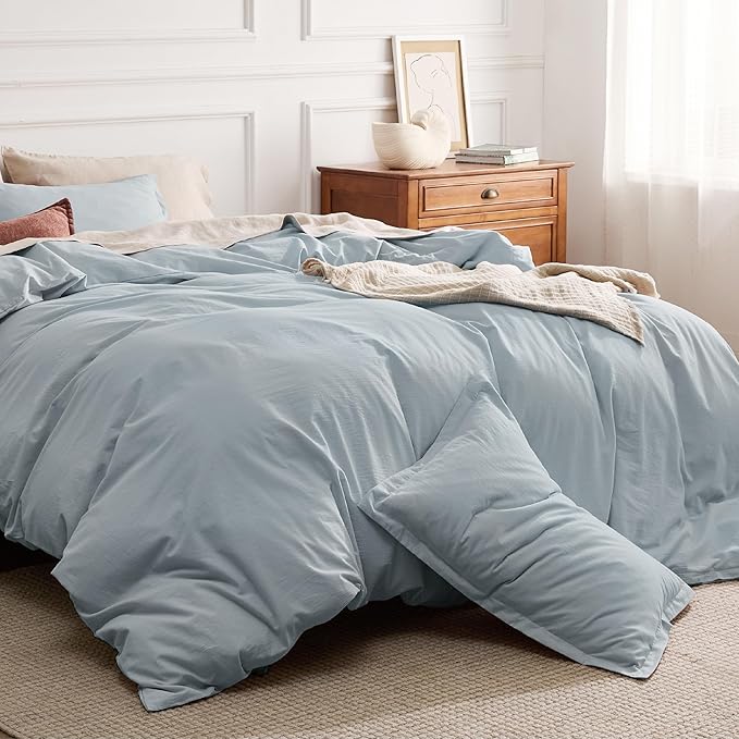 Bedsure 100% Stone Washed Cotton Duvet Cover Queen - Cornflower Blue Minimalist Duvet Cover Linen Like for All Seasons - GentleSoft™ Plain Simple Bedding, 3 Pieces (Cornflower Blue, Queen, 90"x90")