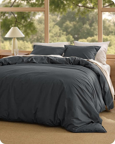 Bedsure Cotton Duvet Cover King - Luxury Slub Weave 100% Cotton Duvet Cover Set with a Linen Like Textured, Easy Change Durable Bedding Set 3 Pieces, Charcoal, 104" x 90"