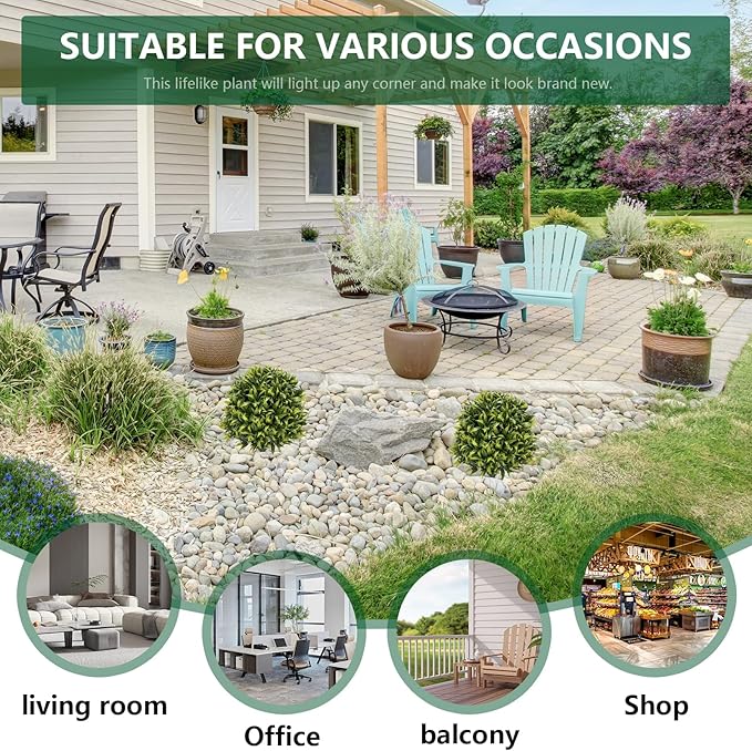 Fake Shrubs Outdoors UV Resistant Faux Plants Topiary Trees Set of 2-27.5'' Artificial Bushes Boxwood Balls Greenery with Ground Spikes for Front Porch, Fake Evergreen Plants Outdoor Decor