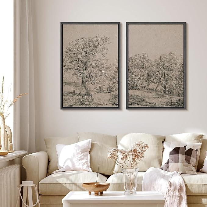 MUDECOR Framed Canvas Print Wall Art Ancient Tree and Country Road Sketch Classic Landscape Pencil Nature Wilderness Illustrations Decorative for Living Room, Bedroom, Office - 16"x24"x2 Black