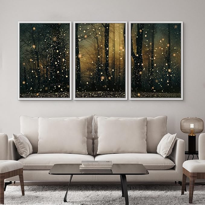 SIGNWIN Framed Wall Art Print Set Enchanted Forest with Fireflies Magical Night Woodland Photography Modern Art Closeup Relax/Calm Dark for Living Room, Bedroom, Office - 24"x36"x3 White