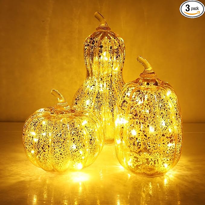NEEDOMO Lighted Glass Pumpkin Decor, Set of 3 Gold Mercury Glass Pumpkins with Lights and Timer for Fall Thanksgiving Decorations, LED Collectible Figurines Fall Centerpiece for Tables Home