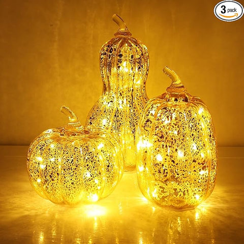 NEEDOMO Lighted Glass Pumpkin Decor, Set of 3 Gold Mercury Glass Pumpkins with Lights and Timer for Fall Thanksgiving Decorations, LED Collectible Figurines Fall Centerpiece for Tables Home