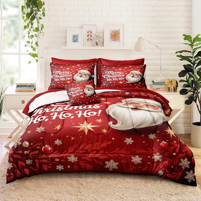 Santa Claus Comforter Queen Red Snowflake Bedding Set Leaf Stars Merry Christmas Bedroom Decor Happy Holiday Boys Girls Xmas Bed in A Bag