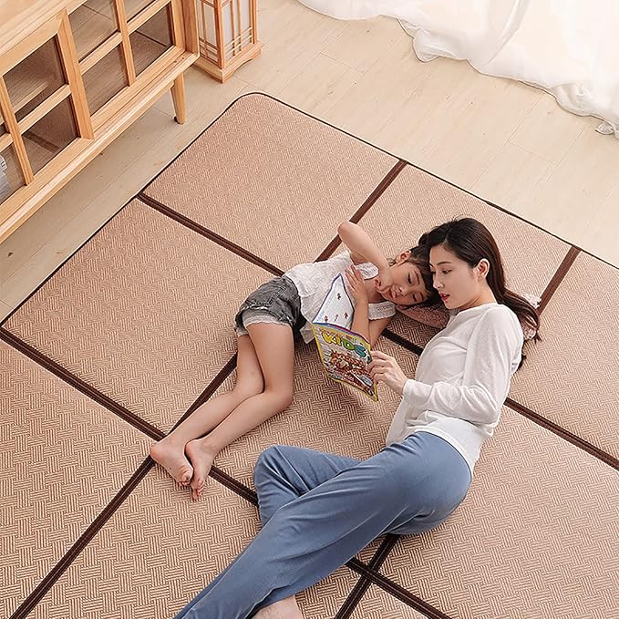 MYOYAY Large Japanese Tatami Mat 71x 71in Large Summer Breathable Sleeping Mat Foldable Rattan Floor Mat Non-Slip Memory Foam Stitching Carpet Crawling Mats Living Room Bedroom Playroom Yoga