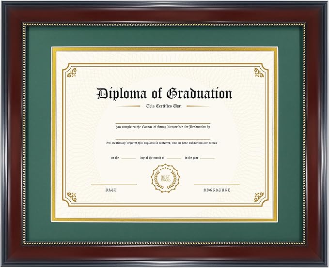 GraduatePro 8.5x11 Diploma Frame with Forest Over Gold Mat or Display 11x14 Document Without Mat, CPA License Frame, UV Protection Acrylic, Mahogany with Gold Beads