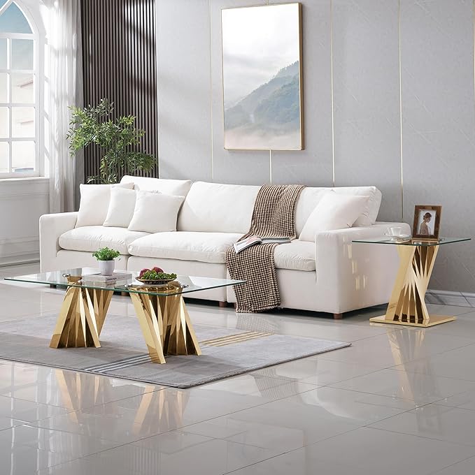 Glass 2 Piece Living Room Table Sets,2-Piece Table Set Includes Glass Coffee Table and End Tables with Stainless Steel Frame,Modern Coffee Table Set of 2 for Living Room