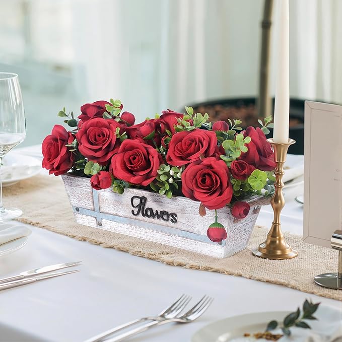 Centerpiece Table Decorations Rustic Wood Tray with 3 Artificial Red Rose Flowers and Fake Eucalyptus for Dining Room Farmhouse Living Room Kitchen and Coffee Table Décor
