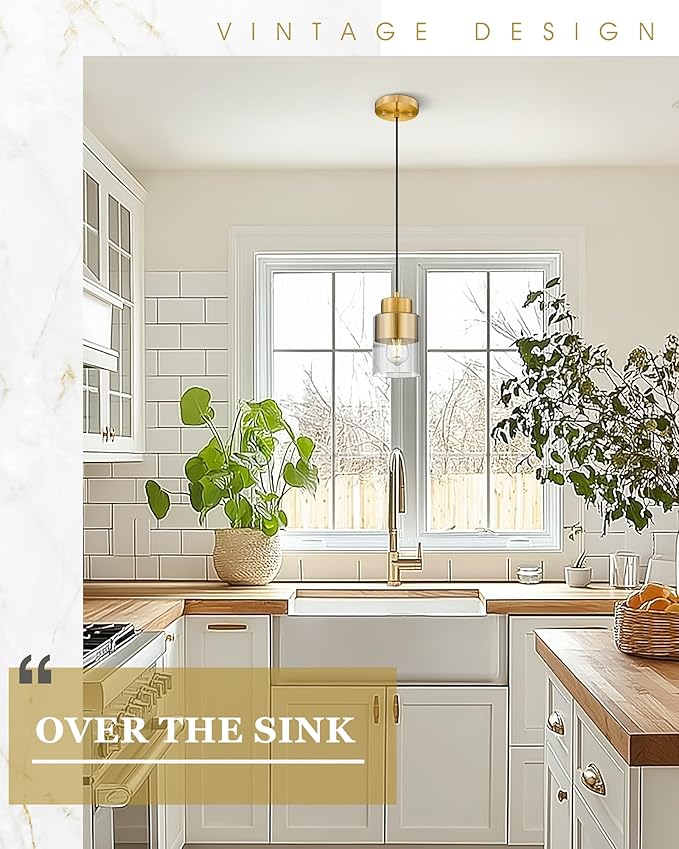 Gold Pendant Lights Kitchen Island, Dual Shade Hanging Lights Fixtures with Metal and Clear Glass, Modern Brass Kitchen Pendant Lighting Over Island for Dining Room, AD-24022-1P-GD