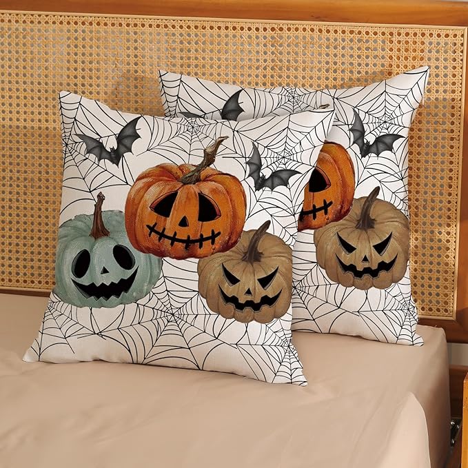 Halloween Decor Pillow Covers 18x18 Set of 2 Black Spider Web Orange Pumpkin Bat Throw Pillow Covers Outdoor Decoration Autumn Pumpkin Pillowcase Farmhouse Decorative Cushion Case for Home Sofa
