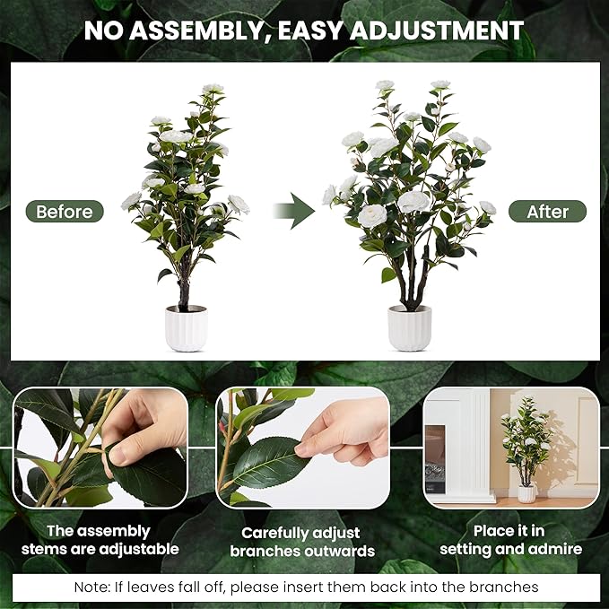 3.2FT Artificial Camellia Tree, White Silk Flowers, Indoor Faux Plants with Realistic Trunk in White Cement Pot for Home House Living Room Bedroom Office Decor, 1pc
