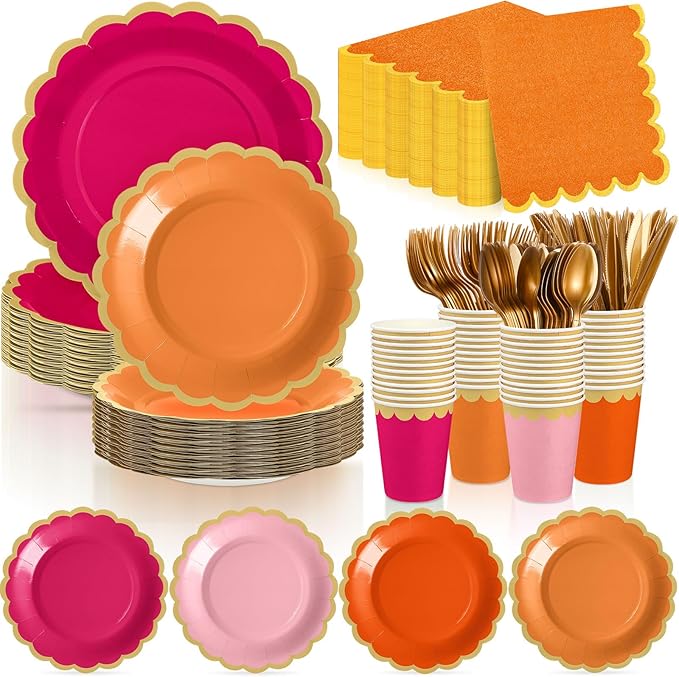 338 Pcs Pink and Orange Plates and Napkins Party Supplies for Guests Hot Pink Orange Tableware Include Scalloped Plates Paper Napkin Cup Spoon Fork Knife for Baby Shower, Wedding, Birthday
