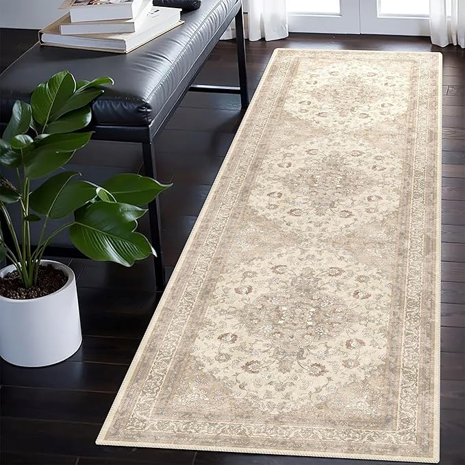 vivorug Beige Runner Rug 2x10 Machine Washable Rug with Non-Slip Backing, Ideal for Kitchen Hallway Entryway Laundry Room - Vintage, Durable, Easy Clean, Low Pile Carpet Runner
