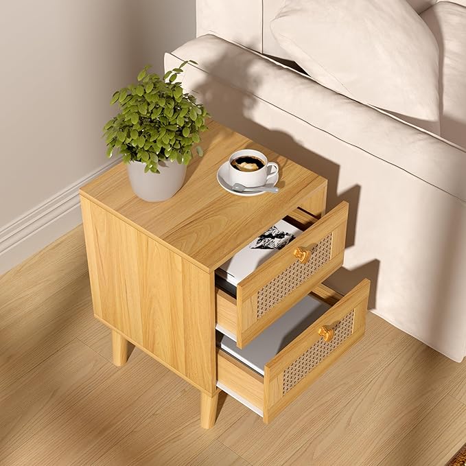 Rattan Nightstand,Boho and Wood Night Stand with Drawers,Bedside Rattan Table and Small nightstand,Natural Wood Nightstand for Bedroom,Oak (Oak)