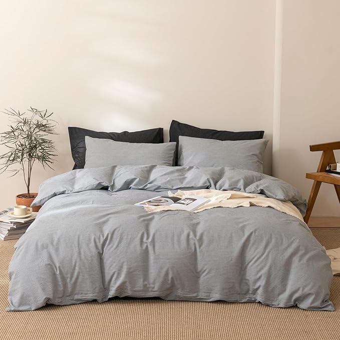 VM VOUGEMARKET Washed Cotton Grey Striped Duvet Cover Set King,Pinstripes Duvet Cover with 2 Pillowcases Modern Simple Farmhouse Style Bedding Set-Vertical Stripes
