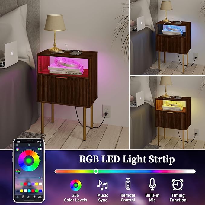 Nightstand with Outlet and Led Light, Bedside Table with Storage Drawer, Fluted Side Table for Living Room, Bedroom